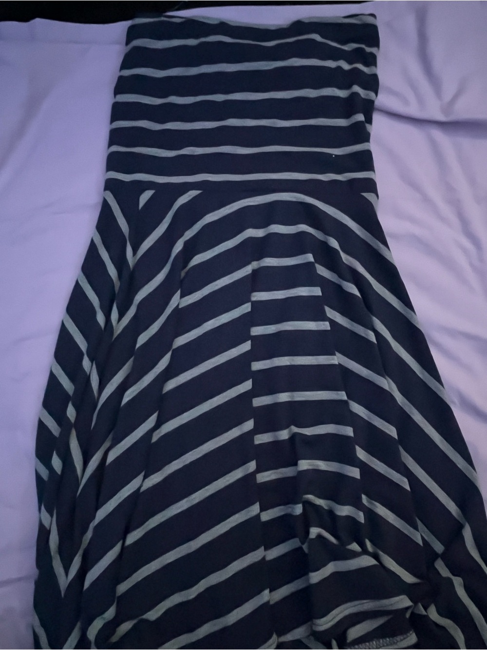 Striped Navy and Gray Strapless Fit & Flare Dress
